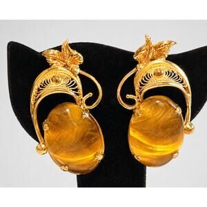 1/20 Gold Filled Tiger‎ Eye Clip-On Earrings Vintage Floral Filigree 1.25" bc-46